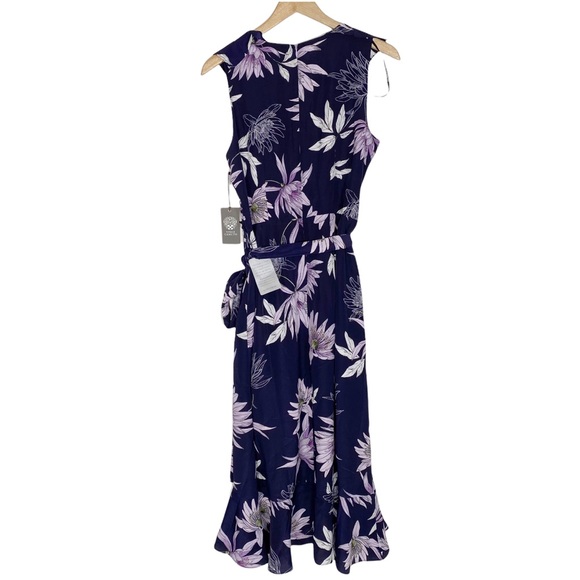 VINCE CAMUTO Asymmetrical Faux Wrap Floral Tie Waist Midi Dress - Picture 5 of 10